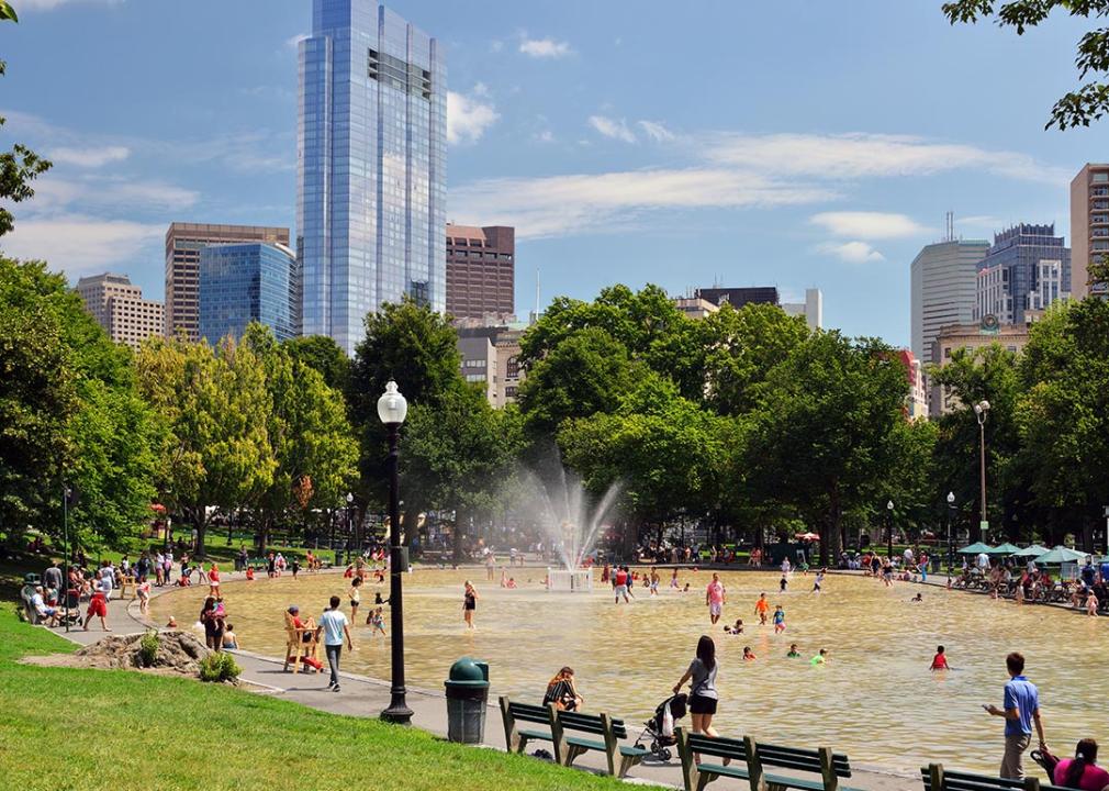 Boston Common Frog Pond and city skyline in summer.