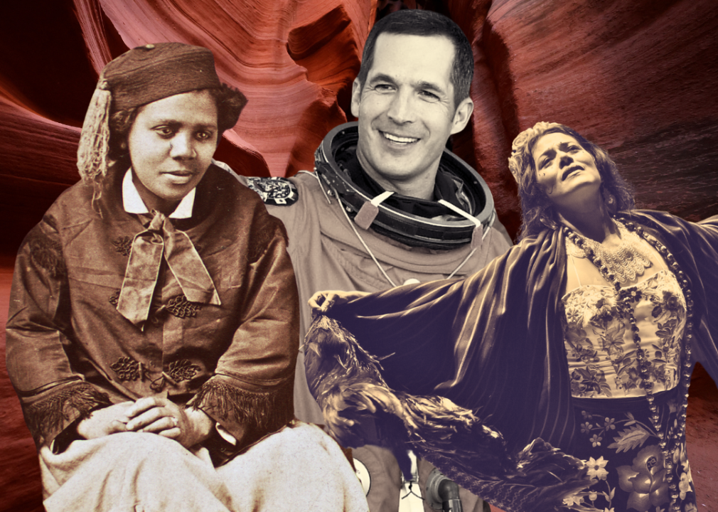 A digital illustration featuring cut out images of Edmonia Lewis, John Herrington, and Lila Downs against a red-brown smooth stone textured background.