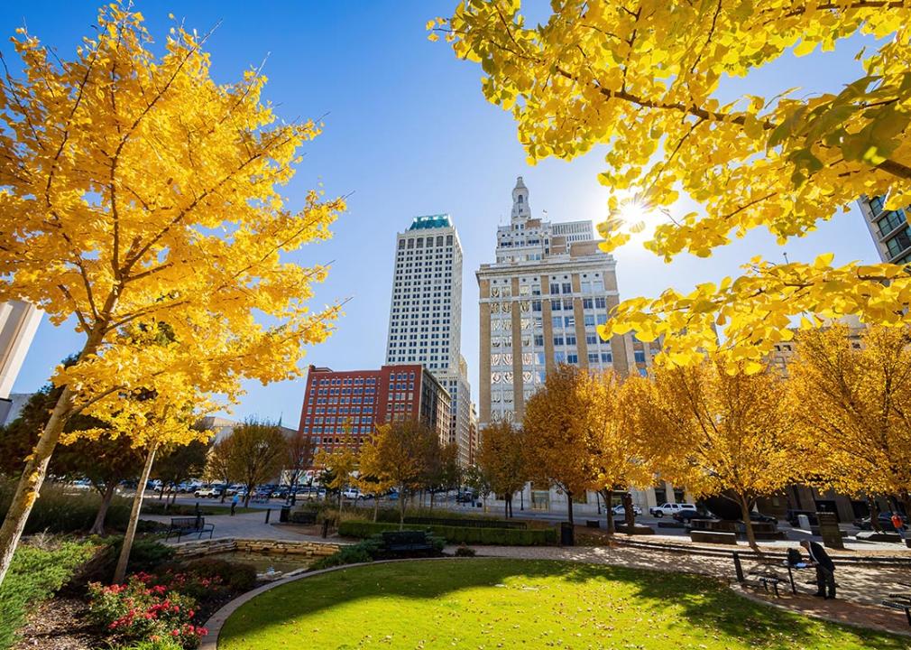 A view of a park and buildings in downtown Tulsa, Oklahoma.