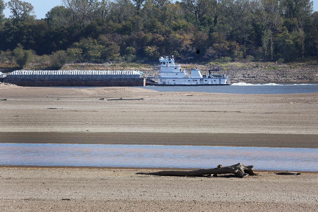 Barges are pushed up the Mississippi River near Portageville, Missouri. Lack of rain in the Ohio River Valley and along the Upper Mississippi has caused the Mississippi River south of the confluence of the Ohio River to reach near record low levels. 