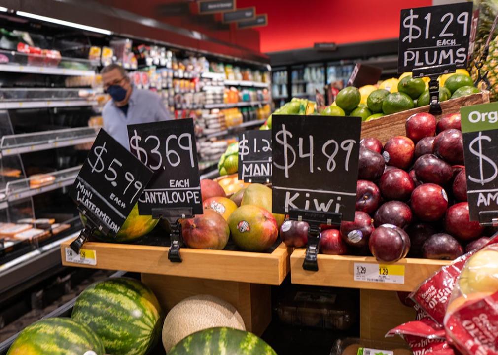 Grocery store prices in a New York store show apples and melons at high prices.