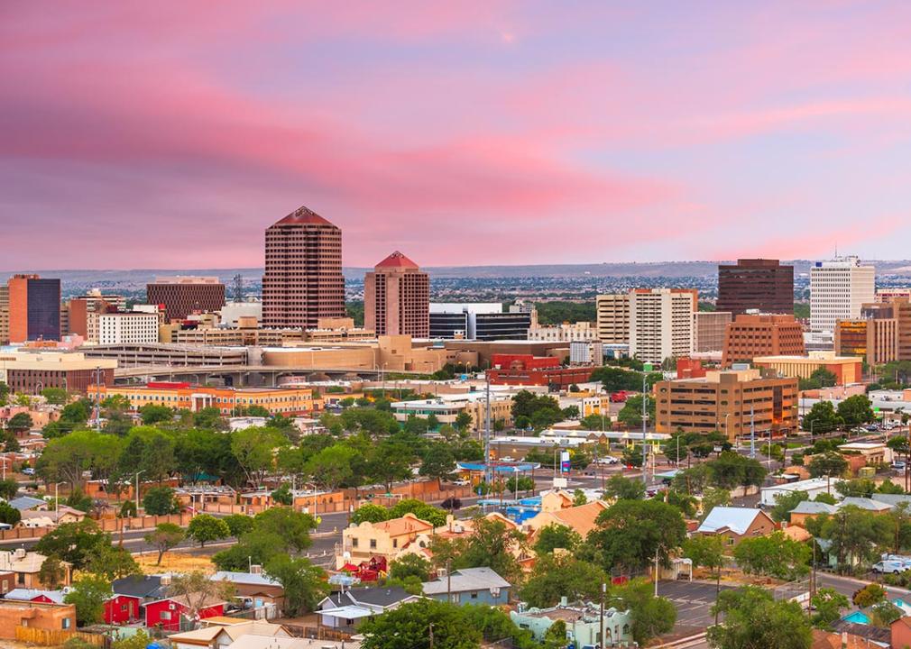 A view of Albuquerque, NM at sunset.