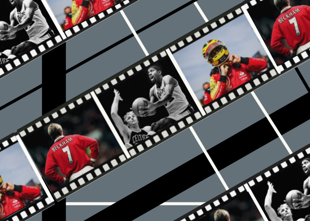 Filmstrip negatives showing different frames of well-known athletes; concept of sports documentary movies.