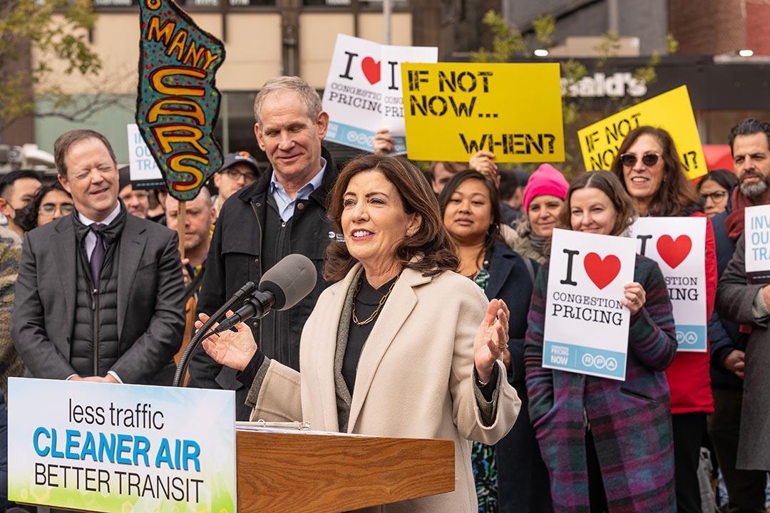 Governor Kathy Hochul speaks at the congestion pricing rally on Union Square in New York City.