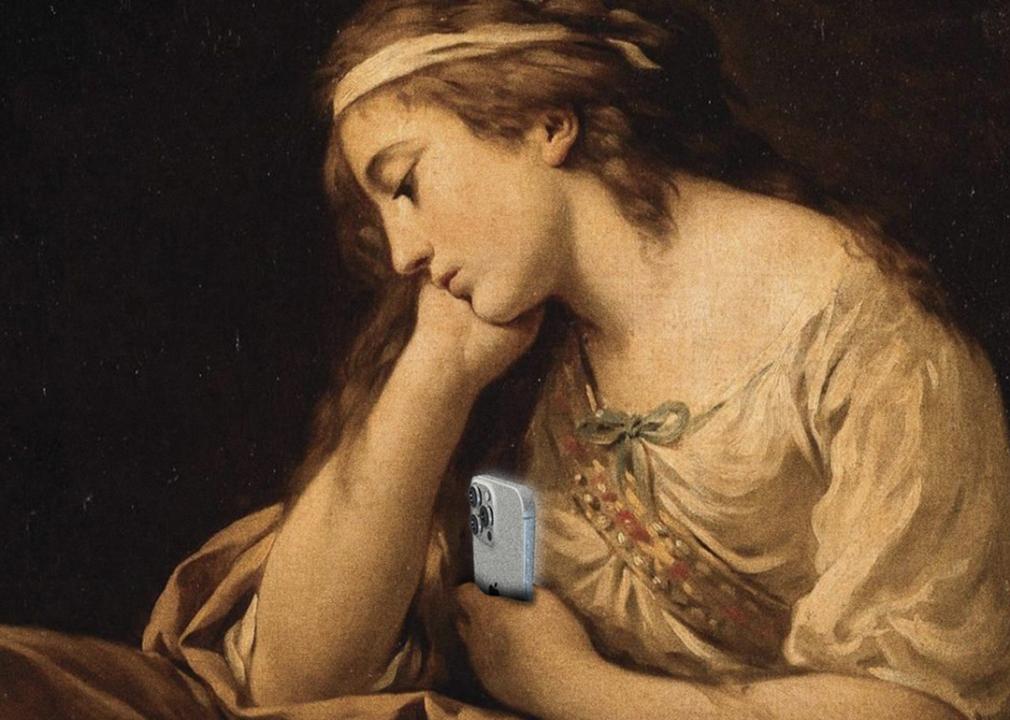 Photo illustration of sad muse holding smartphone, showing concept of screen time and despair.