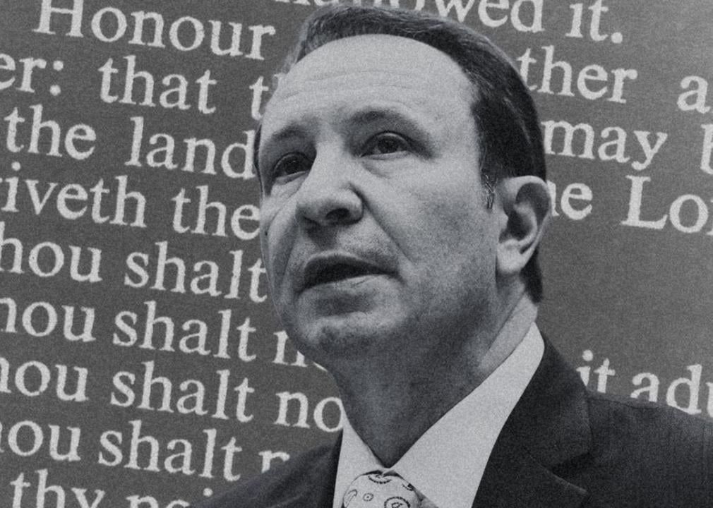 Photo illustration of Louisiana Governor Jeff Landry photo with ten commandments in the background.