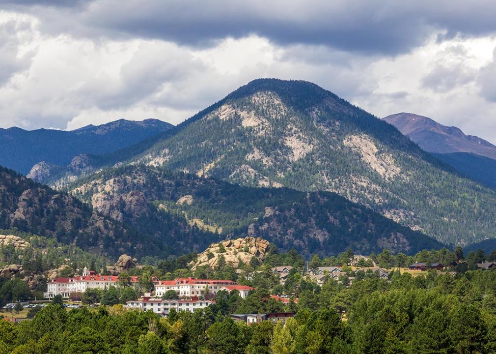 Rocky Mountains landscape in Estes Park with famous Stanley Hotel in the distance.