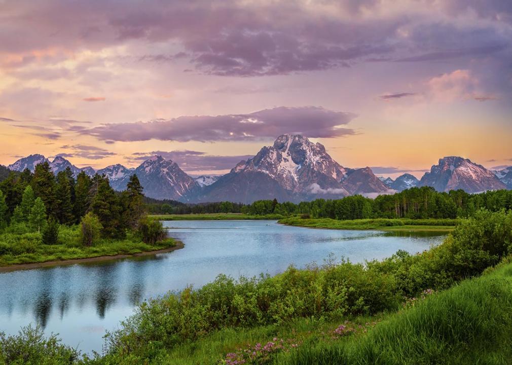 Sunset on Oxbow Bend along the Snake River from Grand Teton National Park near Jackson Hole,Wyoming.