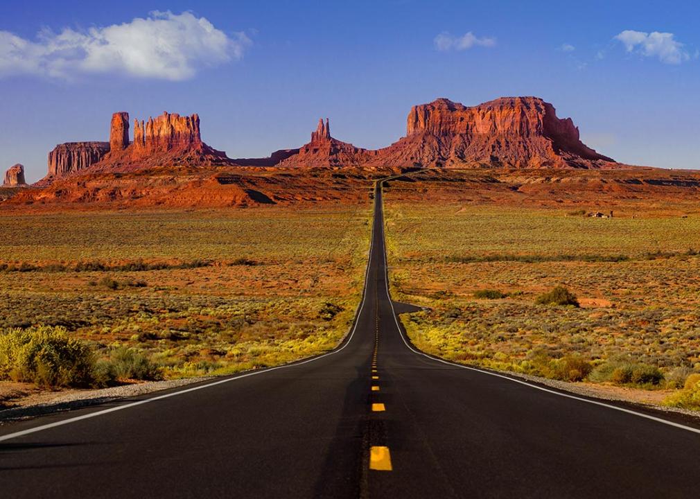 Low angle view of the road to Monument Valley heading toward desert towers.