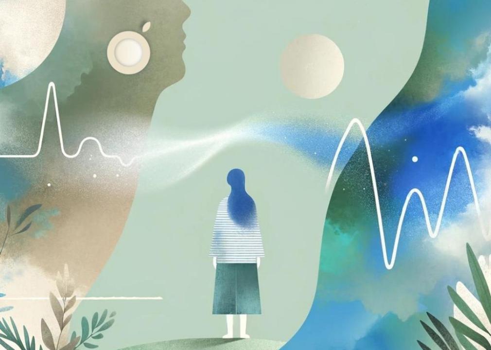 Illustration depicting a woman standing and looking at a depiction of brain waves.