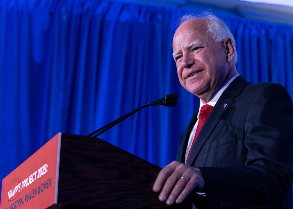 Tim Walz speaks at a Biden-Harris campaign and DNC press conference in Milwaukee, Wisconsin.