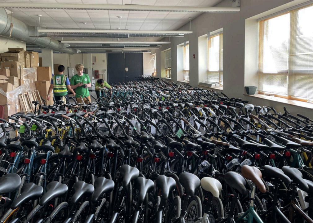 Bikes in storage at the Shared-Use Mobility Center before a distribution event