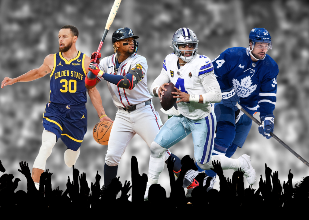 A collage of the most prominent players across different sports teams such as Braves, GSW, Cowboys and Leafs.