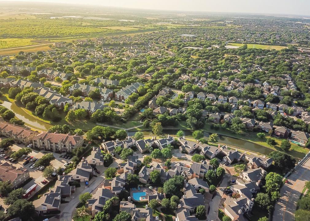 Aerial view of urban sprawl in Dallas-Fort Worth area near Irving.