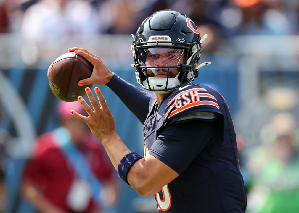 Caleb Williams of the Chicago Bears looks to pass during a game against the Tennessee Titans.