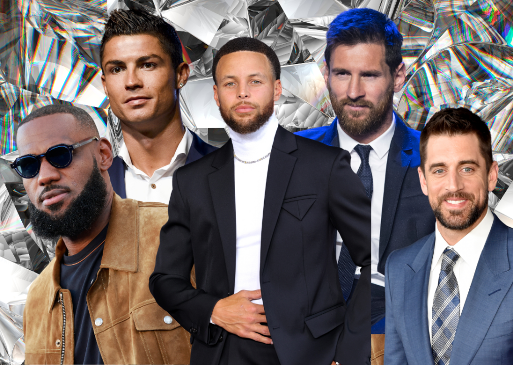 A collage of the most famous athletes right now. (from left to right: LeBron James, Cristiano Ronaldo, Steph Curry, Lionel Messi, Aaron Rodgers)