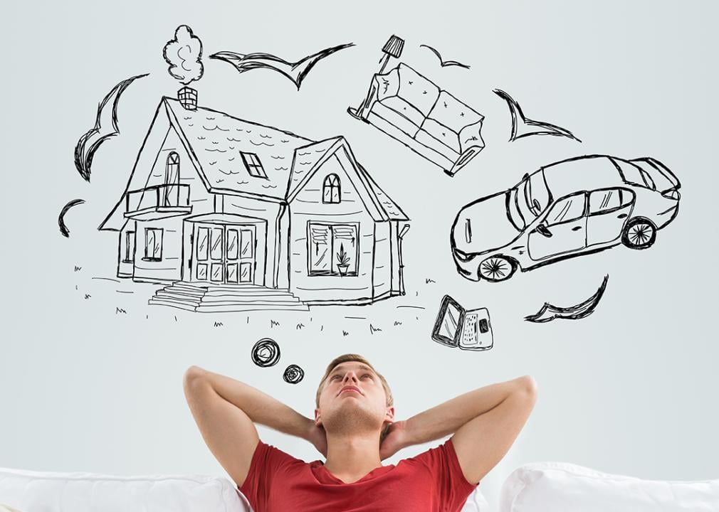 Creative illustration of a guy daydreaming about a house and car as an effect of lending rate cuts.