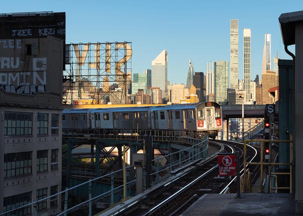 A subway train in the tracks in Queensboro Plaza, Queens in New York City.