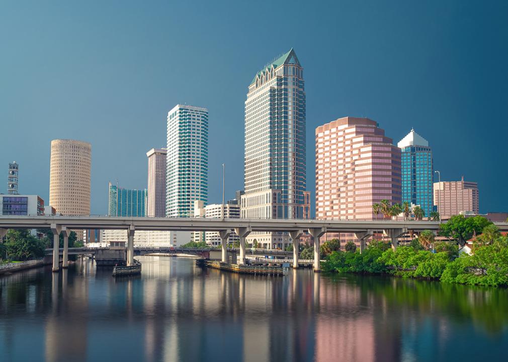 A panoramic view of downtown Tampa, Florida including the Hillsborough river.