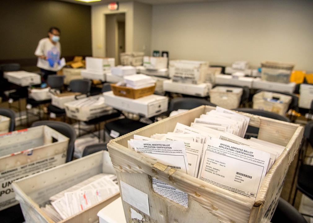 Boxes of absentee ballots are sorted by ward in a room at the Madison, Wis., City County Building in August 2020.