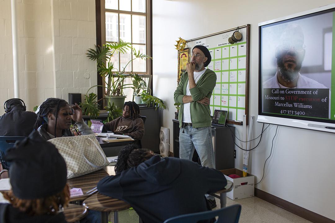 photo showing History teacher John Winters leading a discussion at Dobbins Career Technical Education High School in Philadelphia.