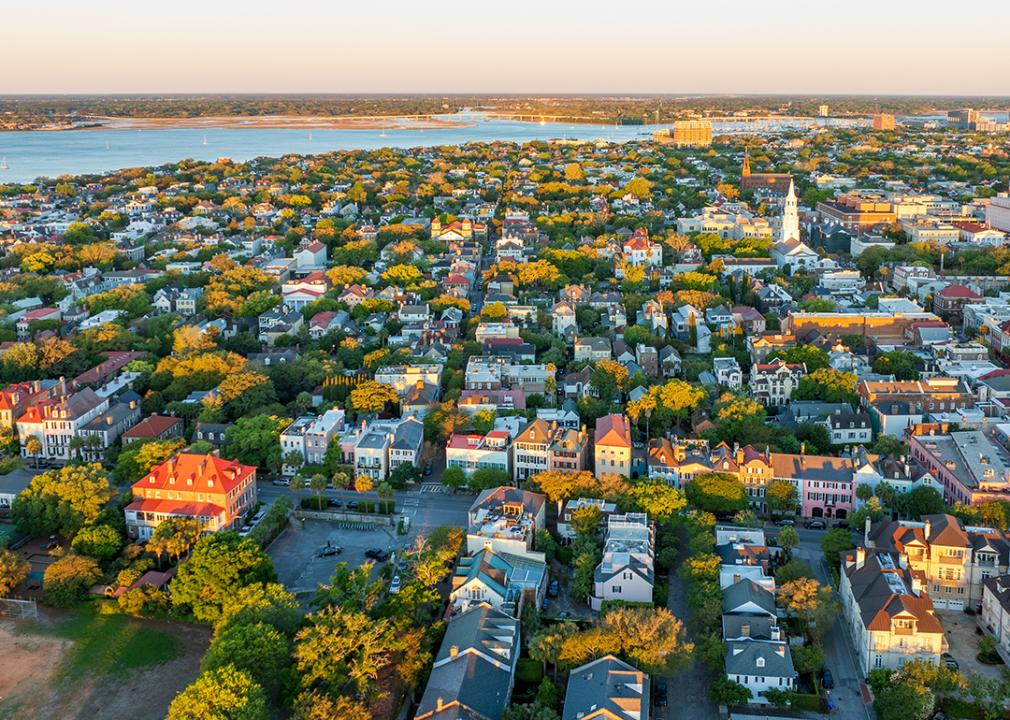 An aerial view of downtown Charleston, South Carolina during a sunrise.