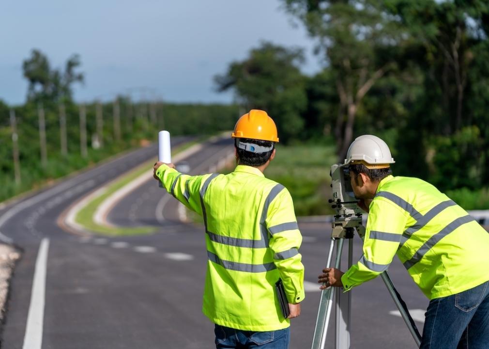 Team of engineers surveying a roadway.