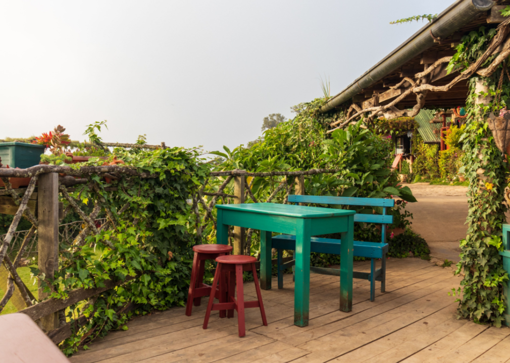 Colorful wooden table and seats are arranged in a patio with climbing vines and a rustic wood balcony.