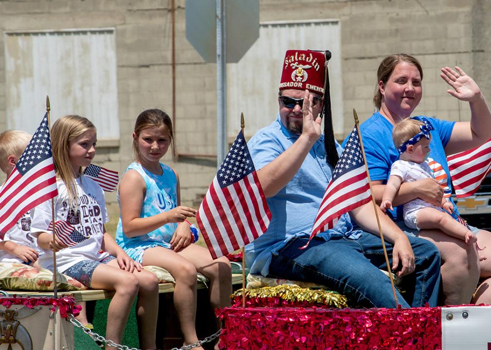 A member of the Saladin Shriners rides on a float in a parade in Michigan.