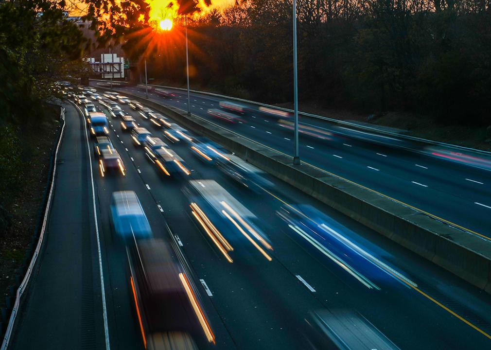 A busy highway during the evening before Thanksgiving Day.