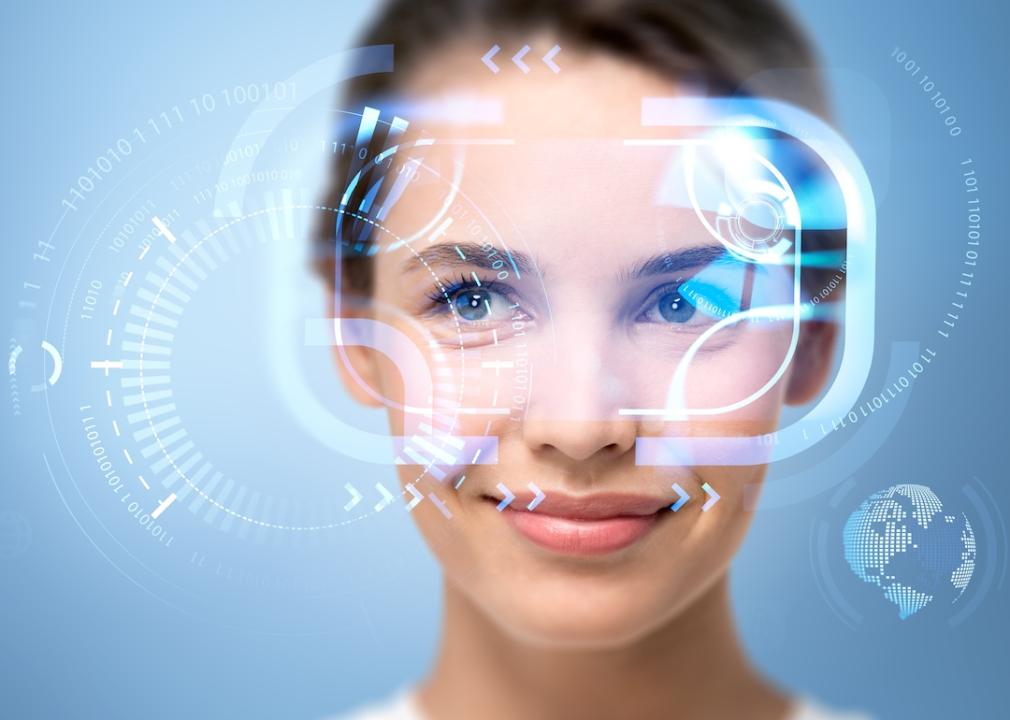 A woman's face being scanned by artificial intelligence software.