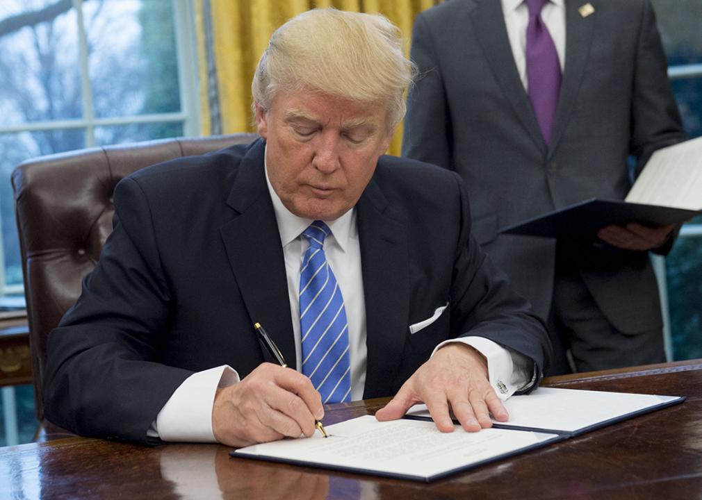 Donald Trump signing an executive order withdrawing the US from the Trans-Pacific Partnership in the Oval Office of the White House in Washington, DC back in January 23, 2017.