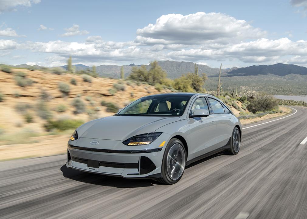 A gray 2025 Hyundai Ioniq 6 on the road.