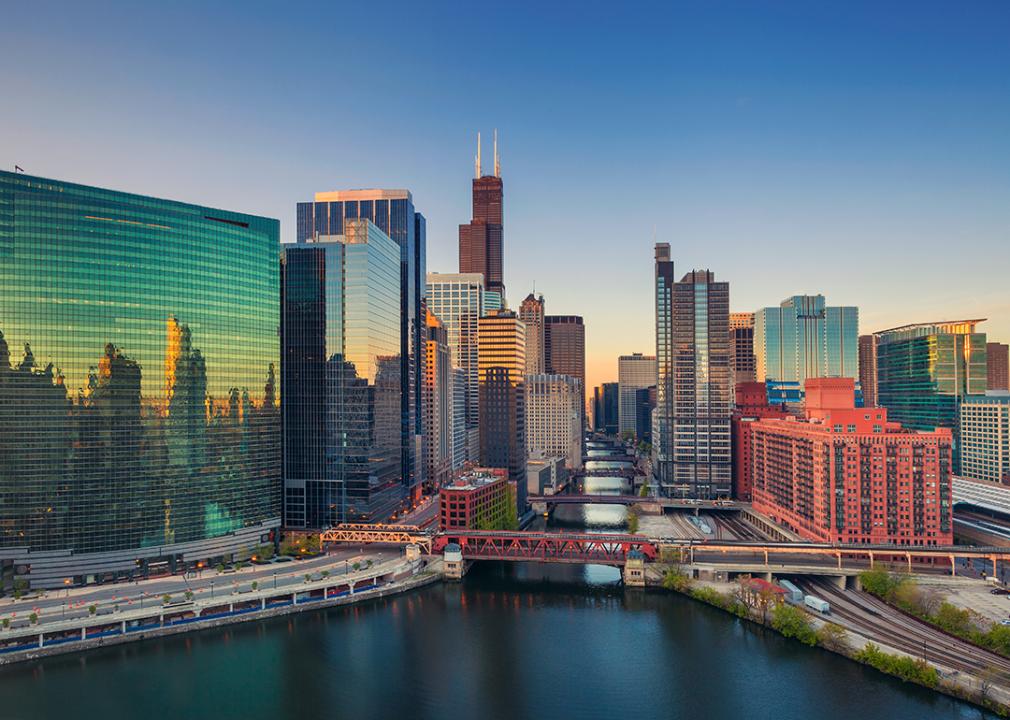 A cityscape view of Chicago's downtown at sunrise.