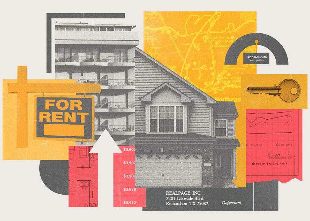 Photo illustration showing elements of company software that landlords use to set prices.