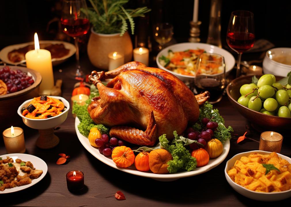 A traditional homemade Christmas feast, with a roasted turkey as the main dish.