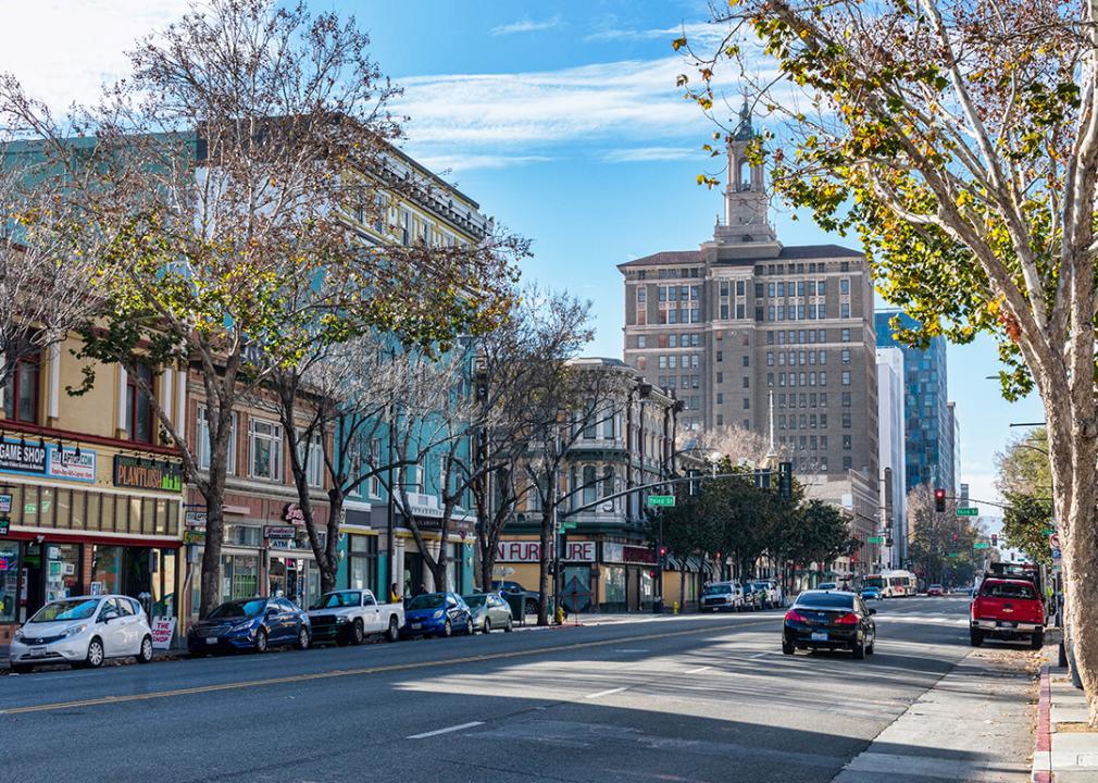 View of downtown buildings such as the historic high-rise Bank of Italy office building in San Jose, California.