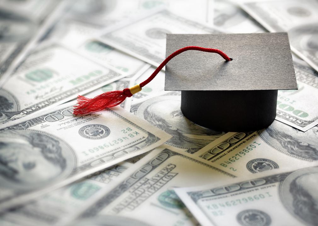 Conceptual image of college; a graduation cap over a pile of cash money.