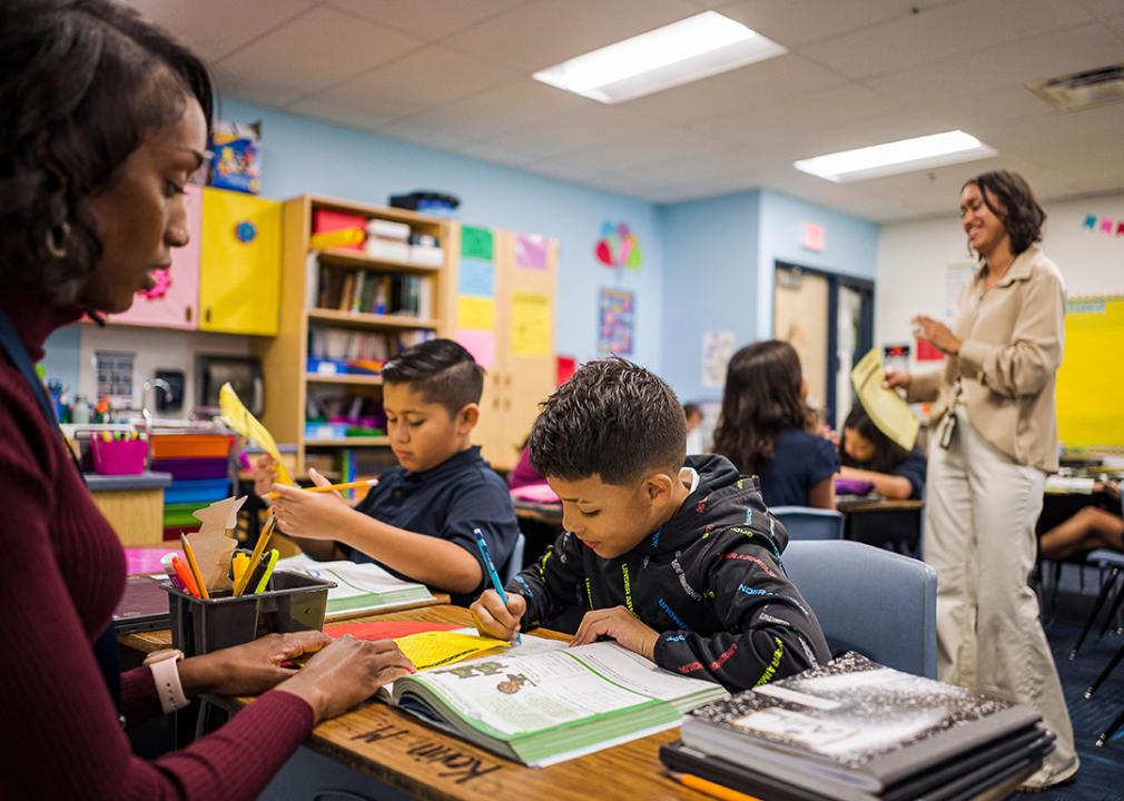 Two elementary school teachers in Nevitt Elementary School, Arizona whose class is in session.