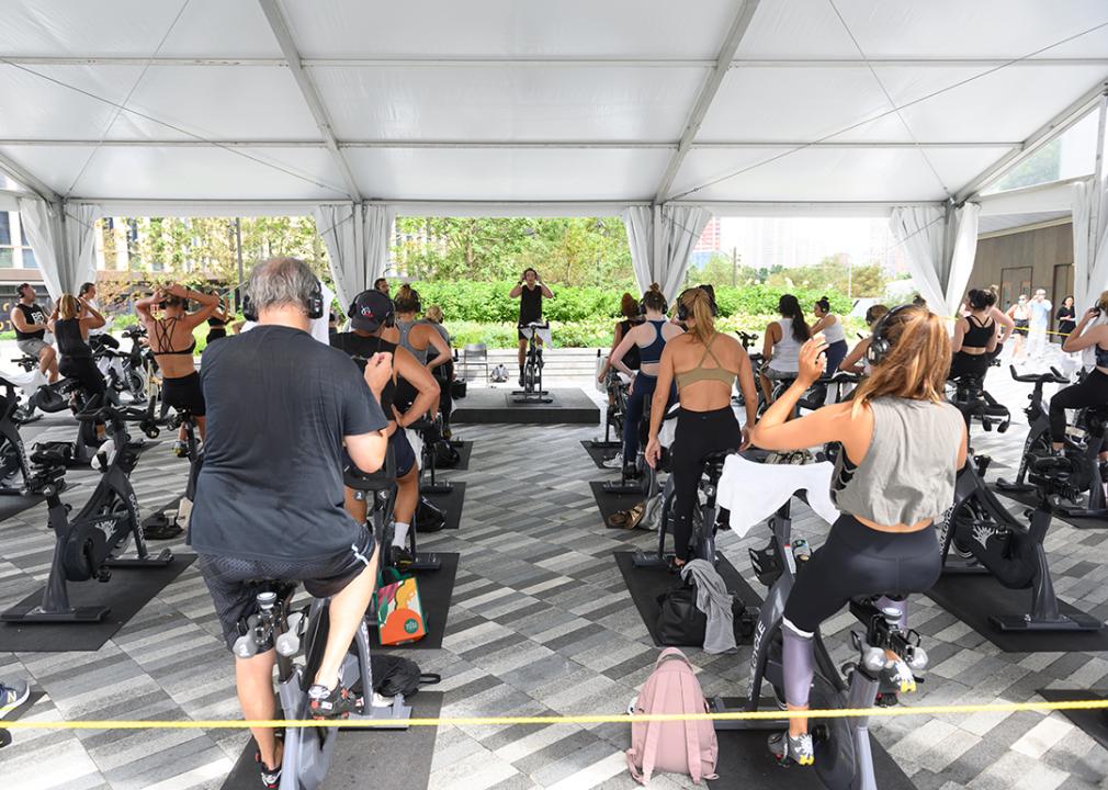 People attend an outdoor SoulCycle class at the Hudson Yards in New York City.