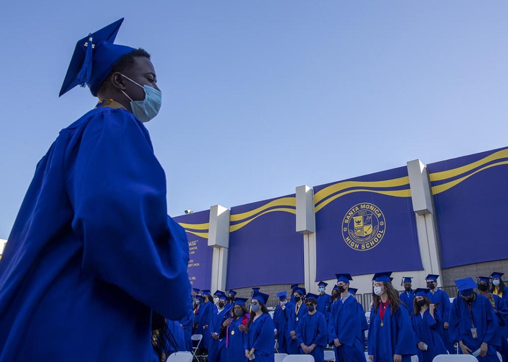 Santa Monica High School students file into the Memorial Greek Theatre for their graduation ceremony for the class of 2021.