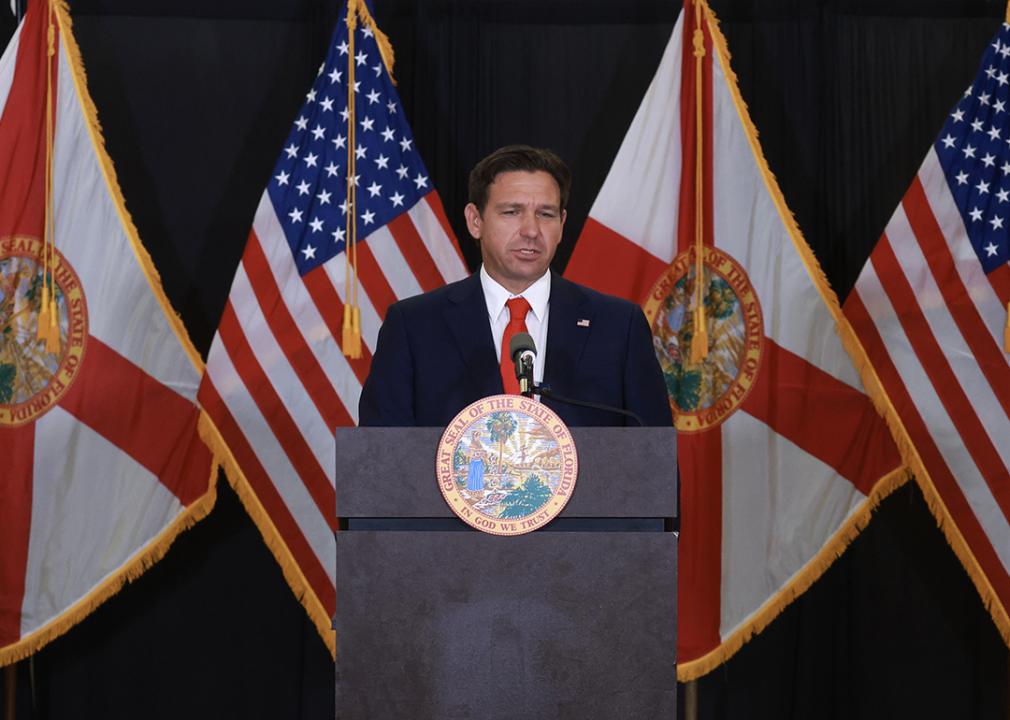 Florida Gov. Ron DeSantis speaks during a press conference regarding an apparent assassination attempt of former President Donald Trump on September 17, 2024 in West Palm Beach, FL.