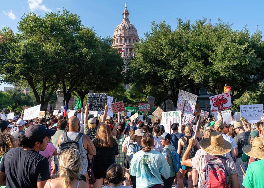 Abortion rights demonstrators gather near the State Capitol in Austin, Texas.