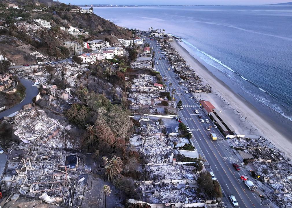 An aerial view of the aftermath of the Palisades wildfires on LA homes along the beach on January 15, 2025 in Malibu, California.