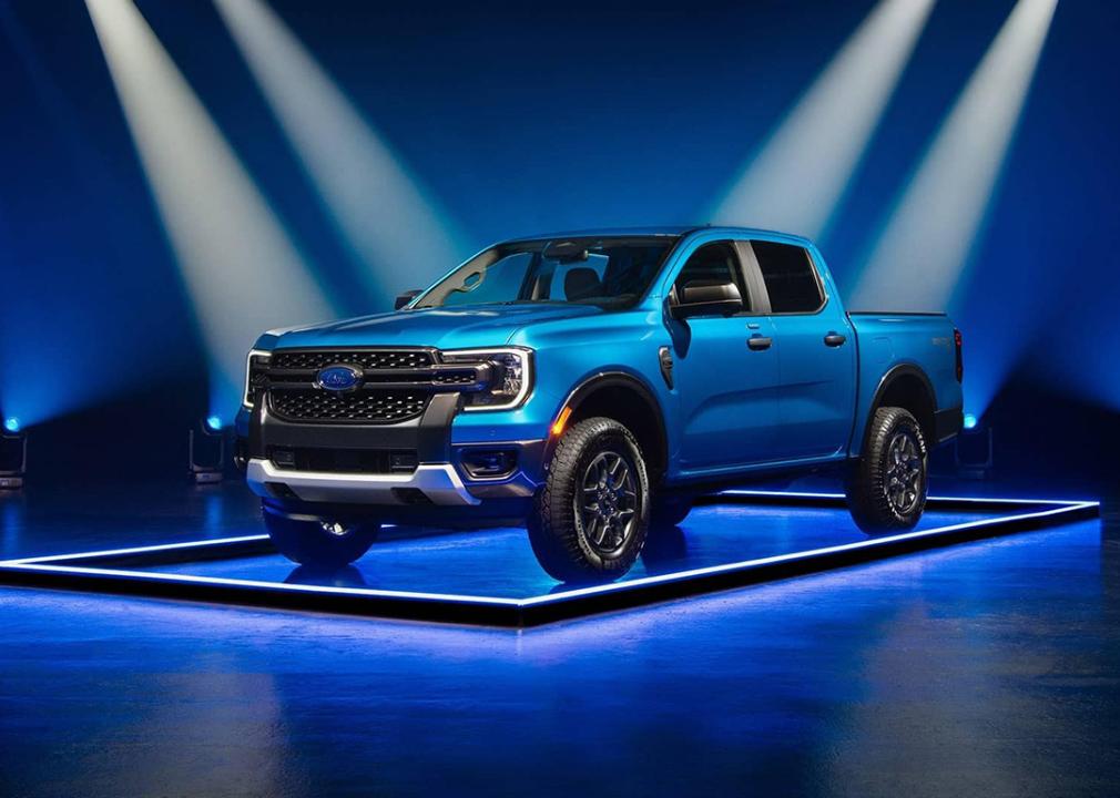 A blue 2025 Ford Ranger as displayed for the Edmunds 2025 Top Rated Awards.