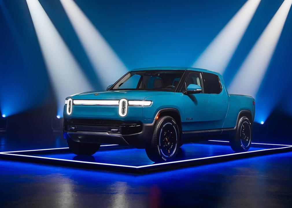 A blue 2025 Rivian R1T as displayed for the Edmunds 2025 Top Rated Awards.