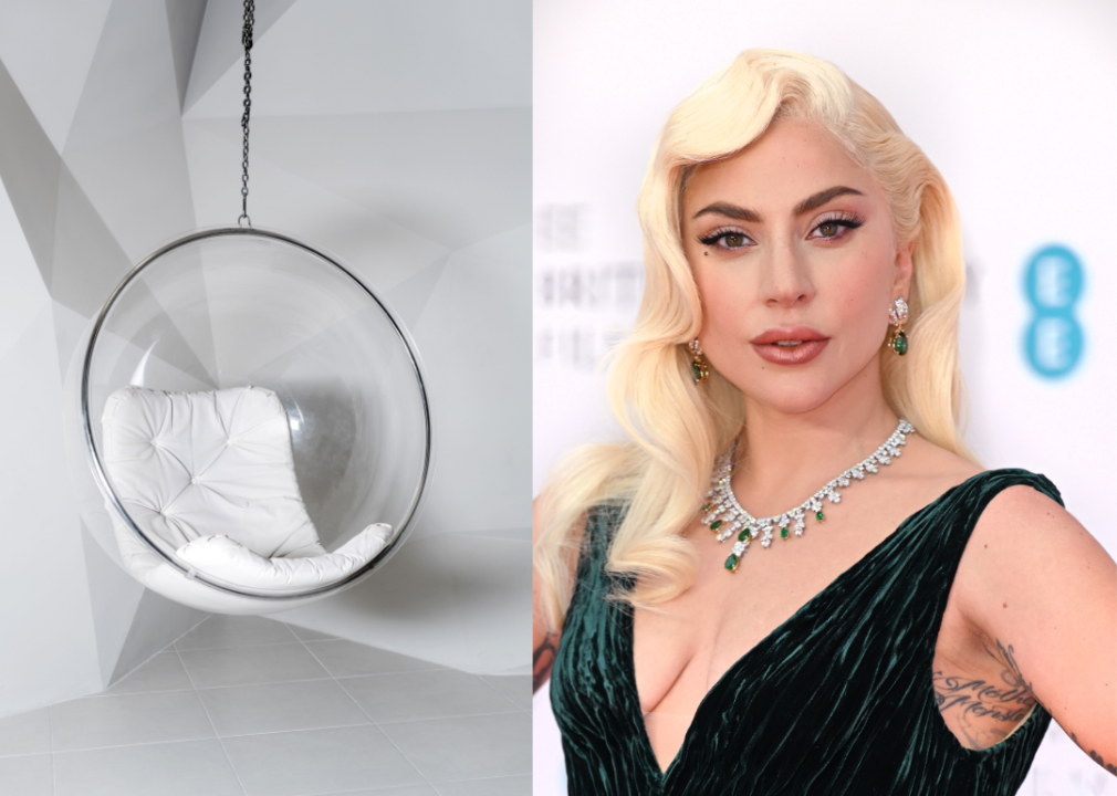 Composite image of Lady Gaga next to bubble chair