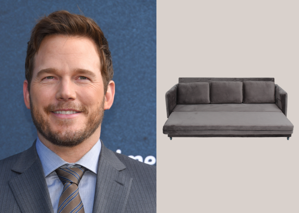 Composite image of Chris Pratt next to pull-out-sofa