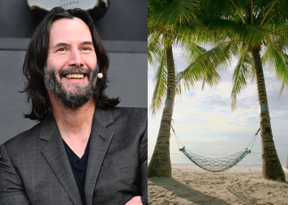 Composite image of Keanu Reeves next to hammock