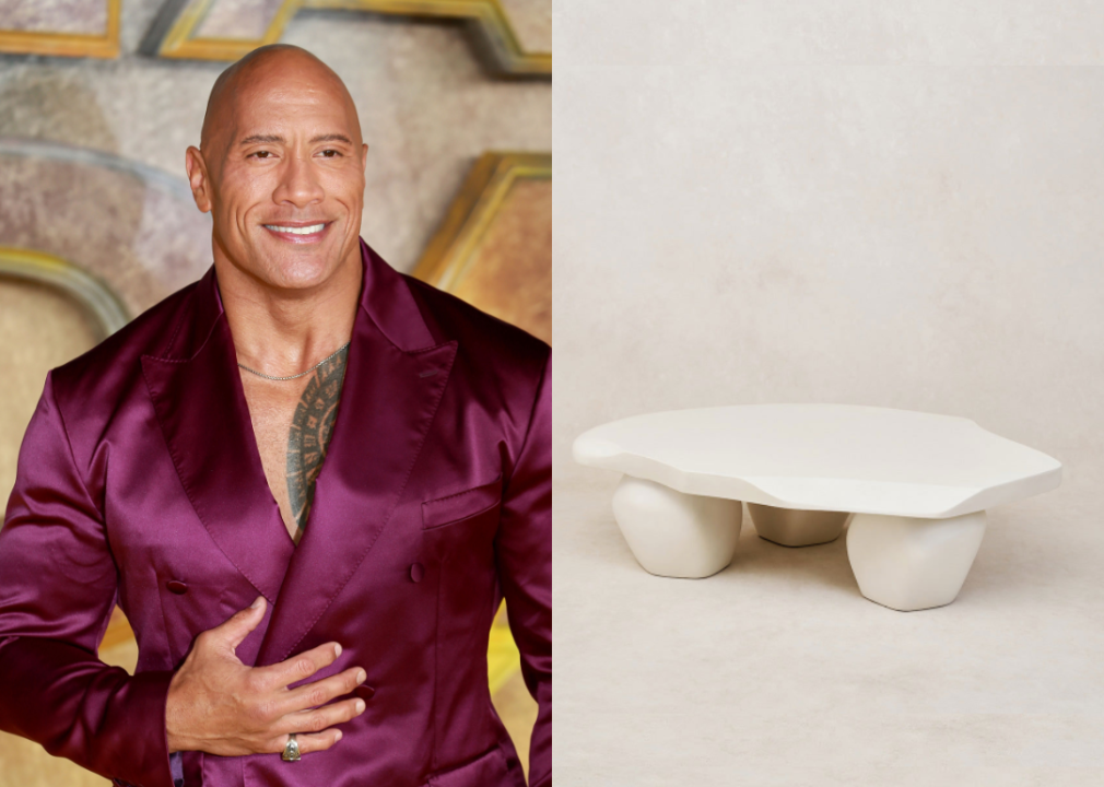 Composite image of "Dwayne The Rock" Johnson next to ceramic coffee table.